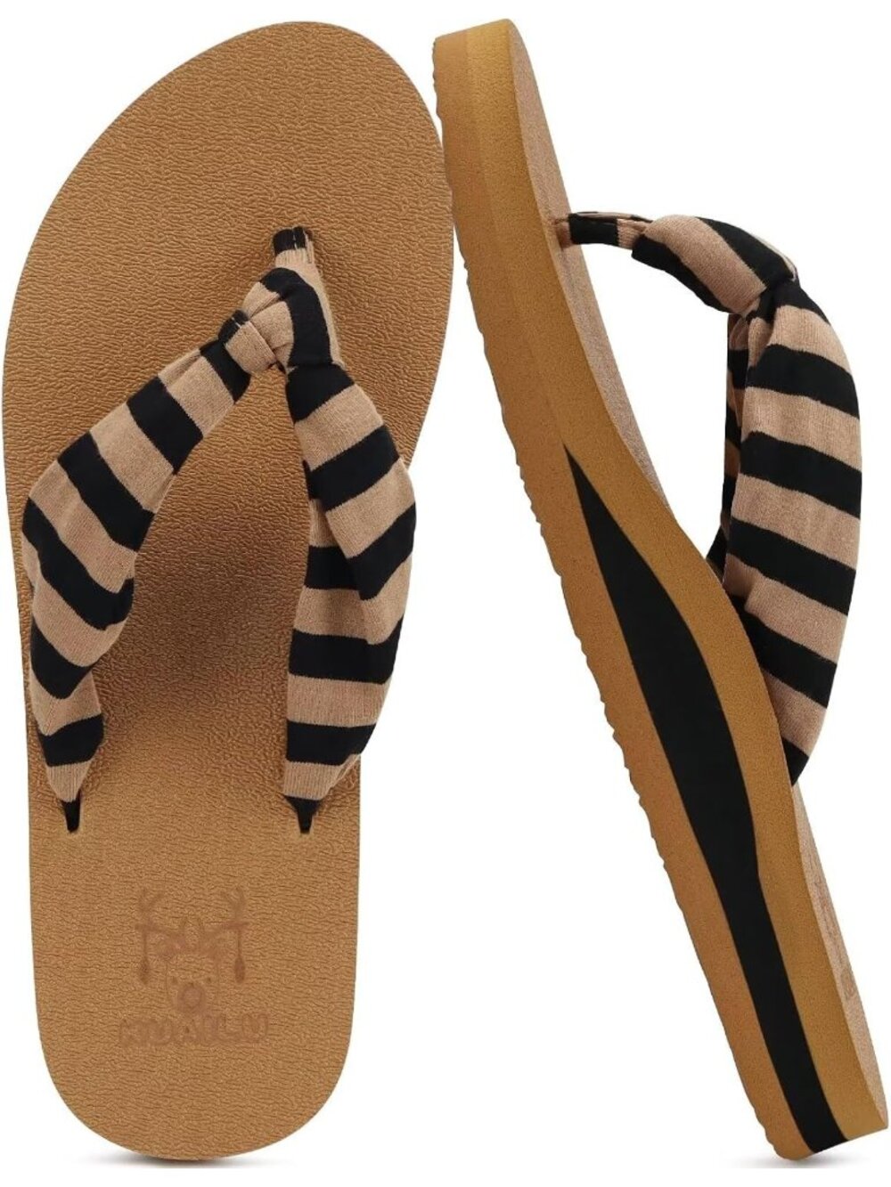 Women Khaki Black Yoga Mat Arch Support Flip Flops Straps Knotted Thong Sandal